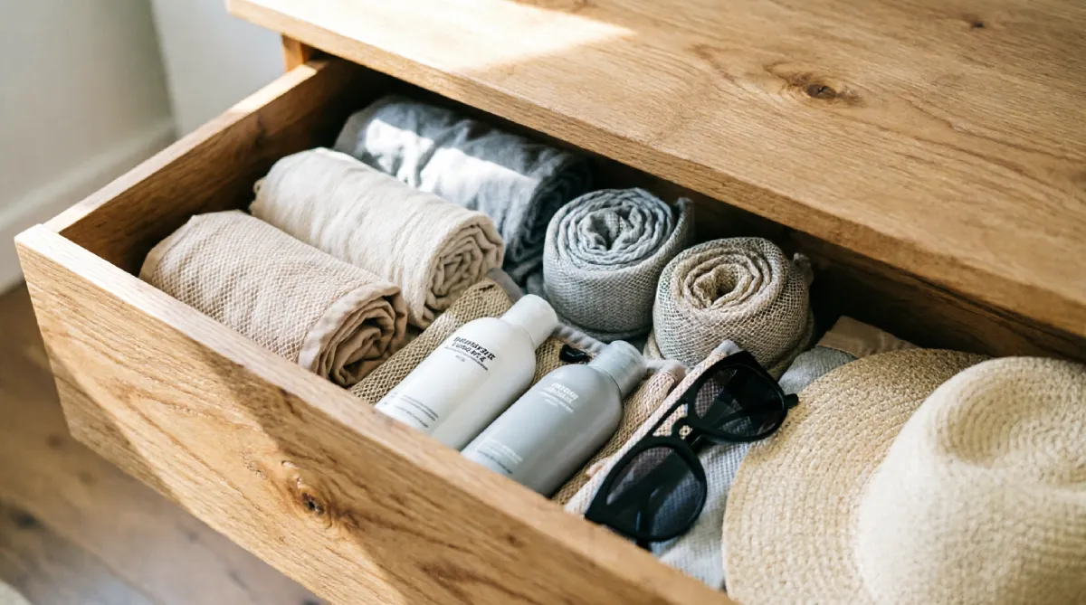 Open drawer with mesh pouches organizing summer swim belongings in a bedroom