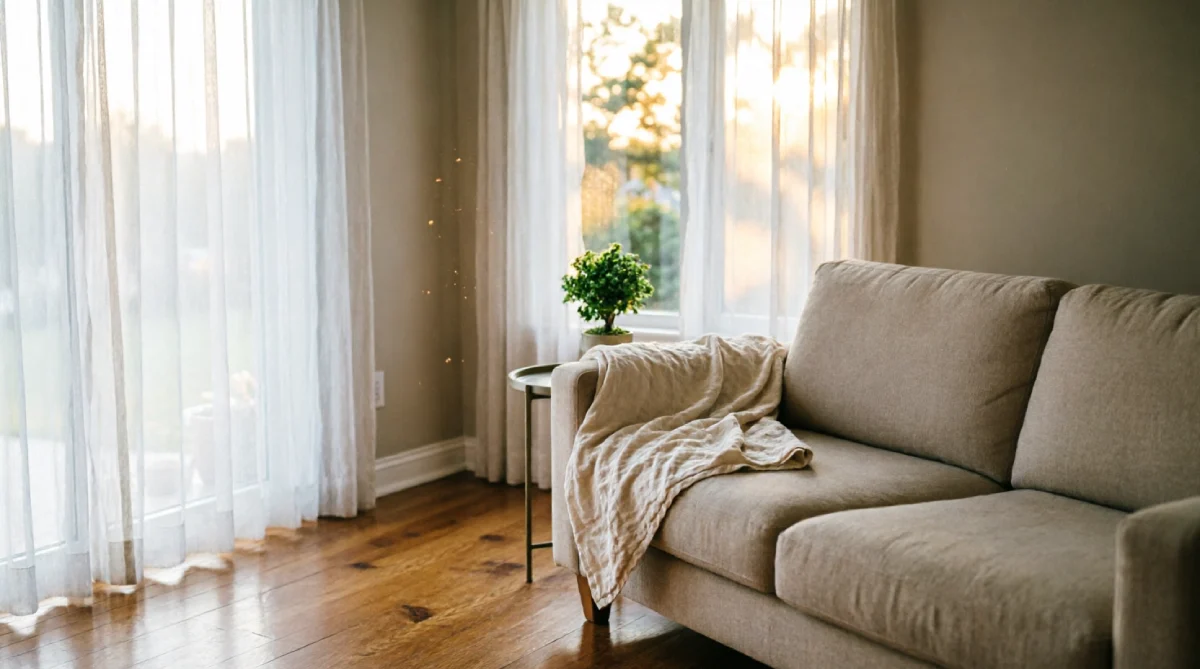 Beige sofa angled diagonally in a bright summer living room for better flow