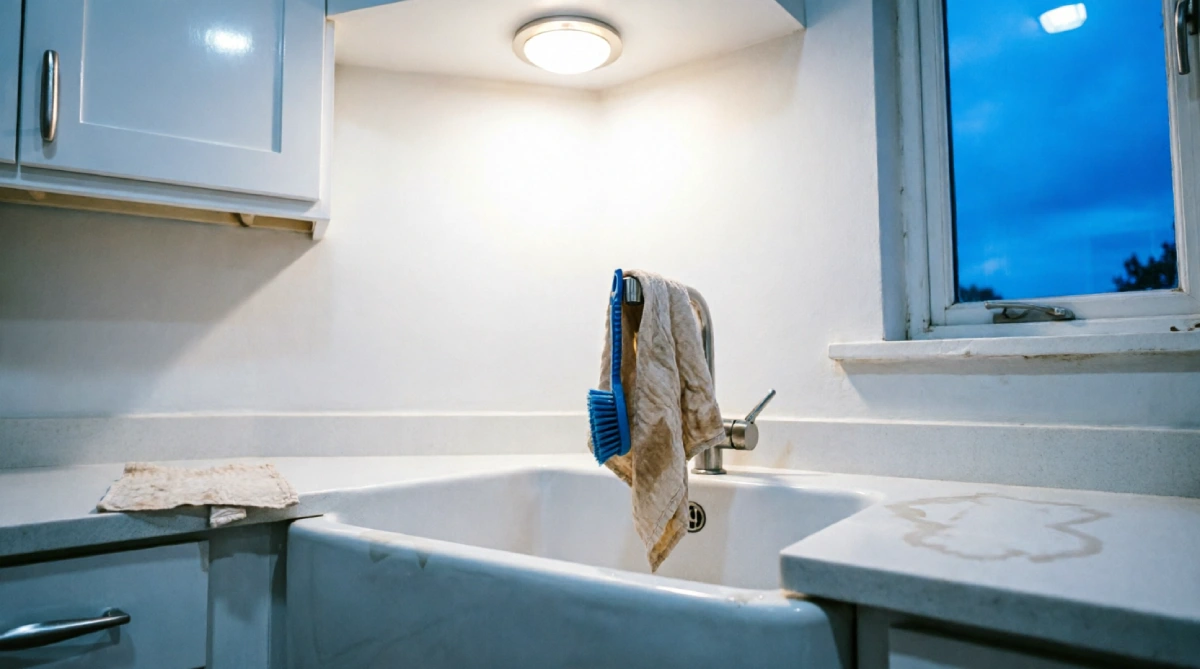 Dimmable cool-toned ceiling light illuminating a kitchen sink at dusk