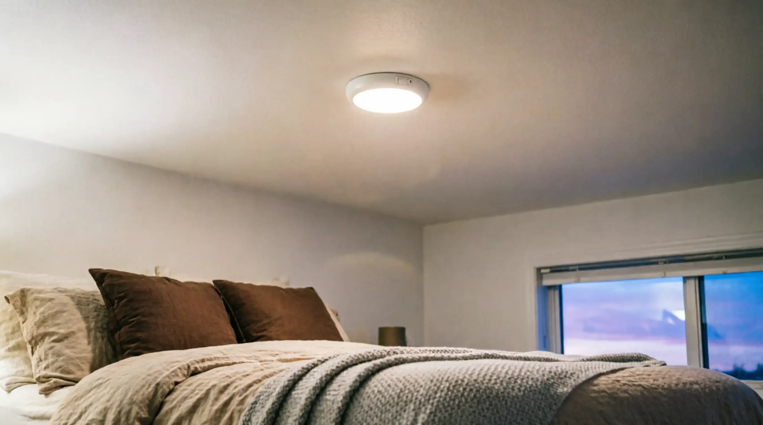 Dimmable warm LED ceiling light creating soft brightness in a summer bedroom
