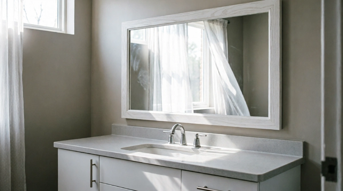 Framed bathroom mirror with white trim over a vanity, reflecting natural light from a window