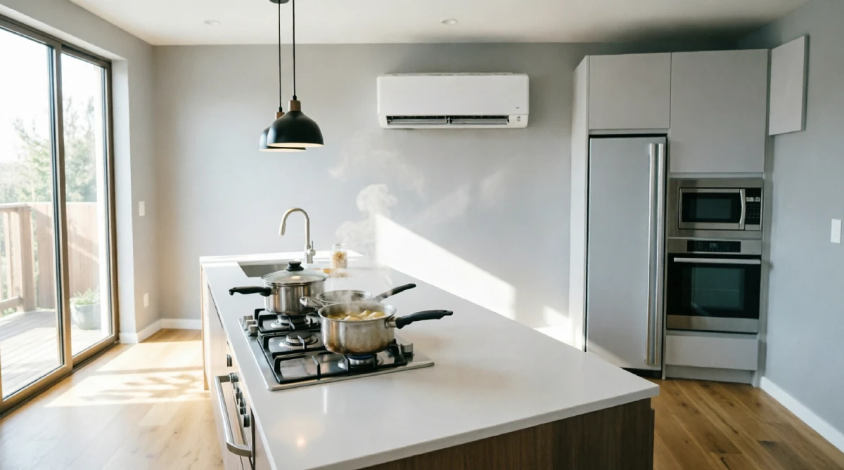 Ductless mini-split system mounted in kitchen providing zoned cooling during cooking
