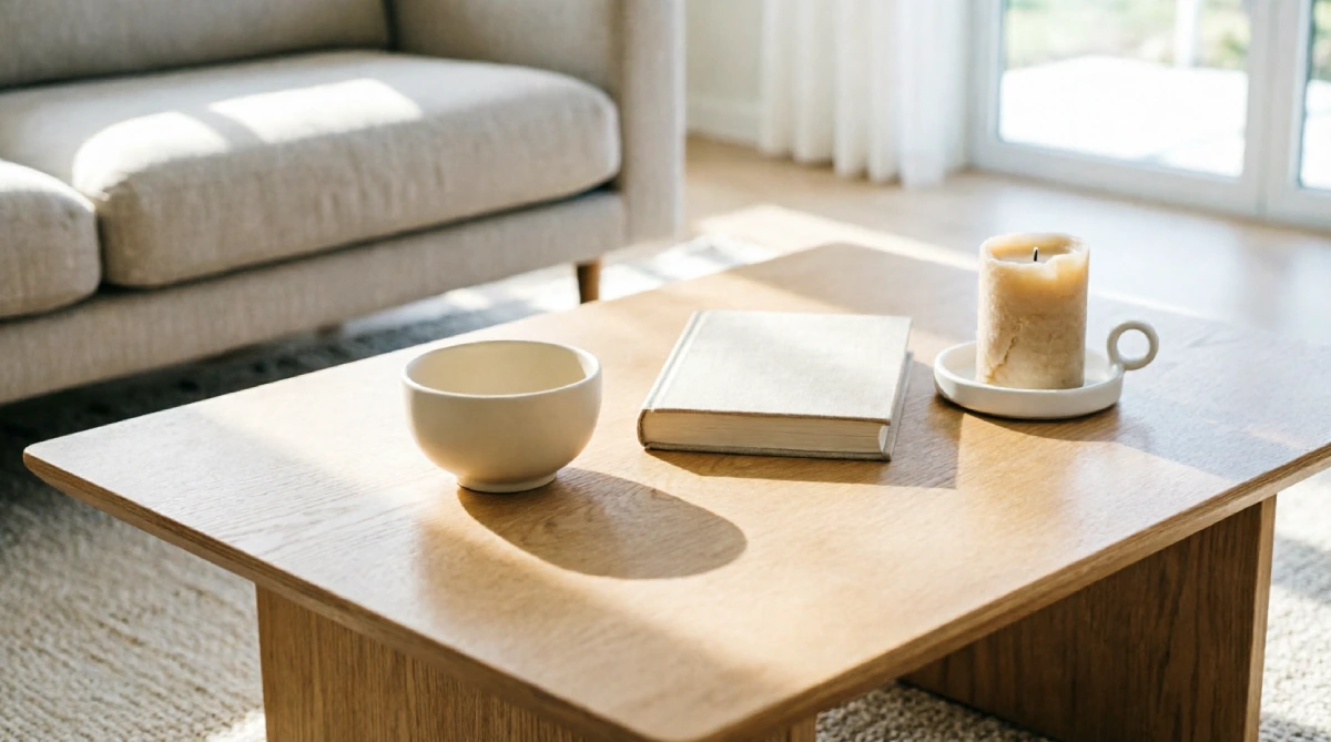 Sparsely styled coffee table with minimal decor in a bright summer living room