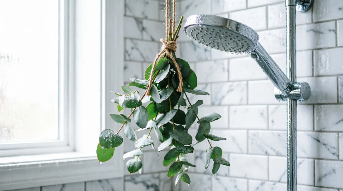 Fresh eucalyptus hanging from a shower head in a modern summer bathroom