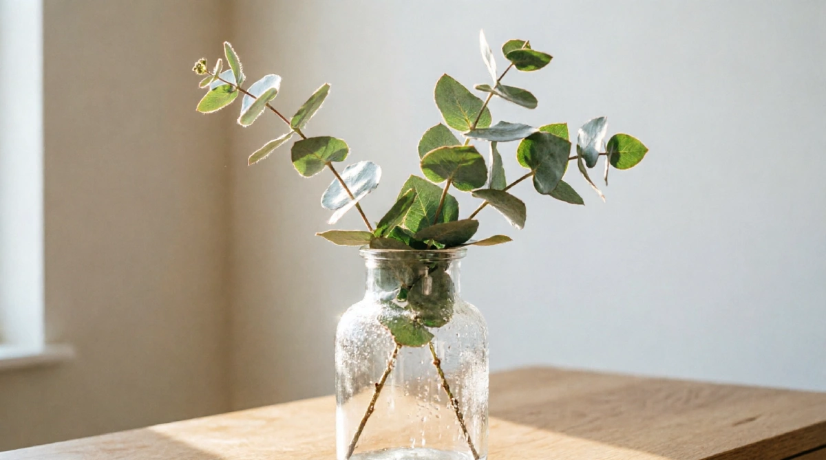 Simple glass vase with fresh eucalyptus on a console table in a bright living room