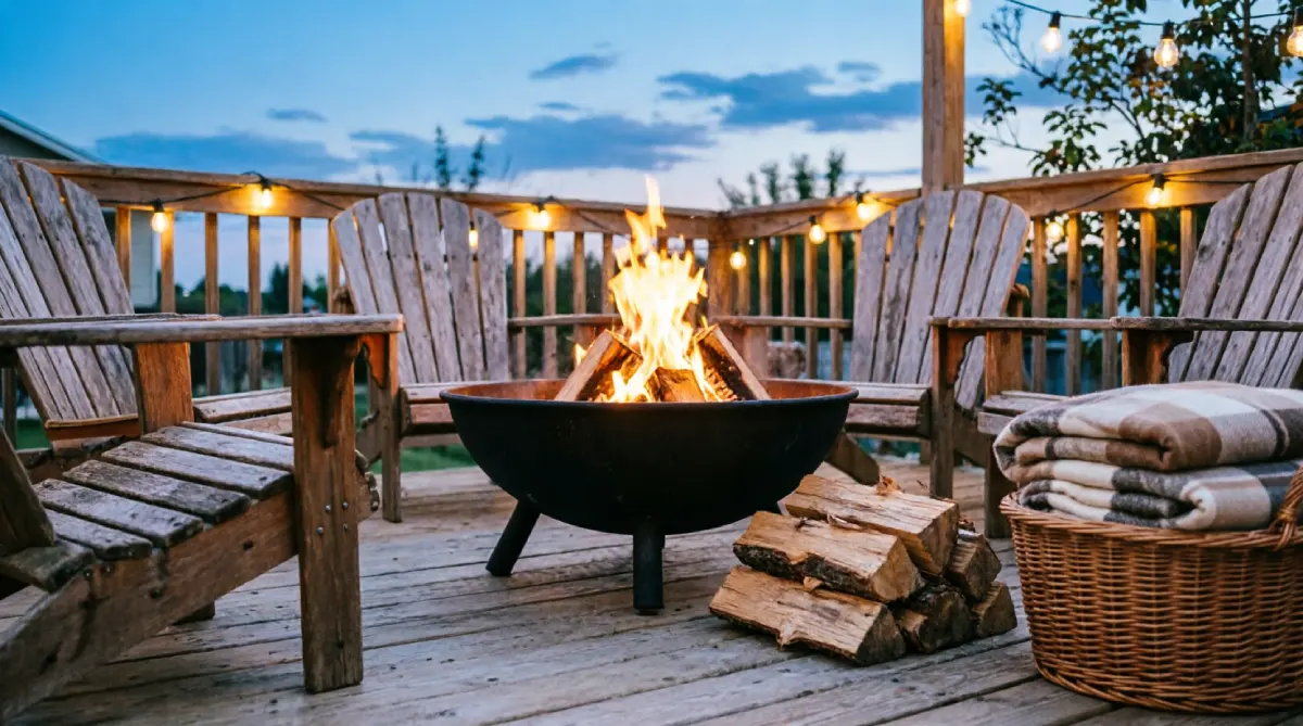 A cozy backyard fire pit with seating arranged closely for warmth and conversation on a summer evening.