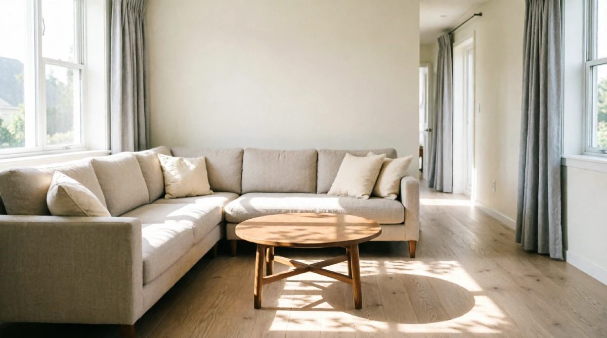 Living room furniture arranged away from walls to improve airflow and openness in summer