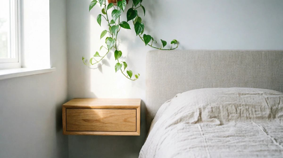 Wall-mounted floating nightstand in a small summer bedroom, creating open floor space