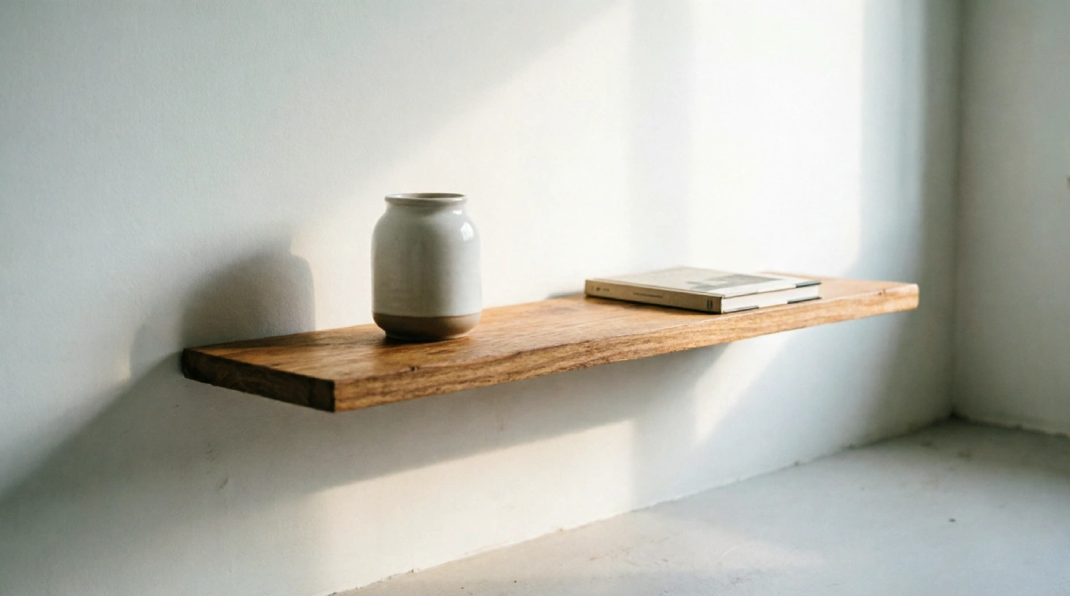 Floating wooden nightstand shelf mounted on a wall in a small airy summer bedroom