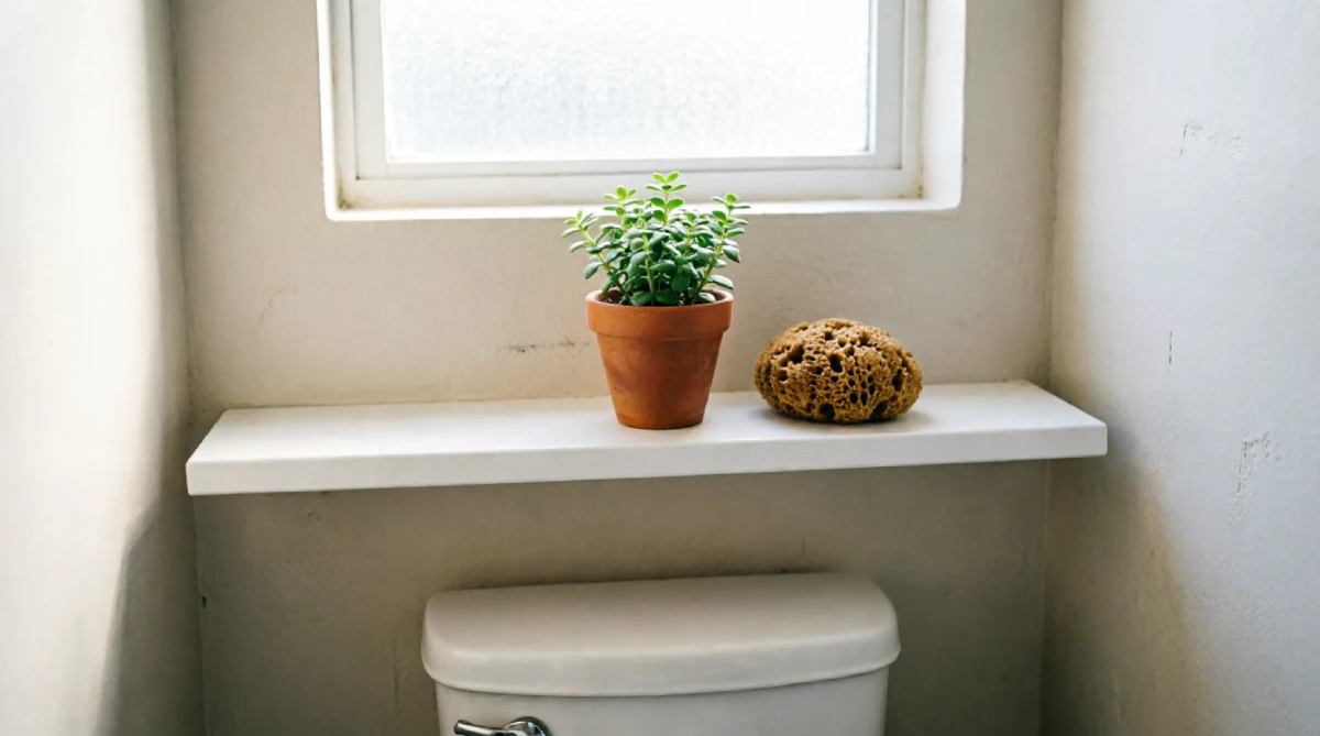 Narrow floating shelf with minimal summer decor in a compact bathroom, adding storage without bulk.
