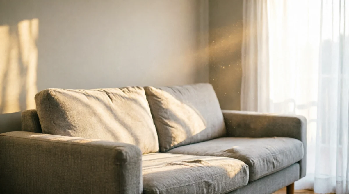 Light gray sofa floating away from wall in summer living room with gap behind