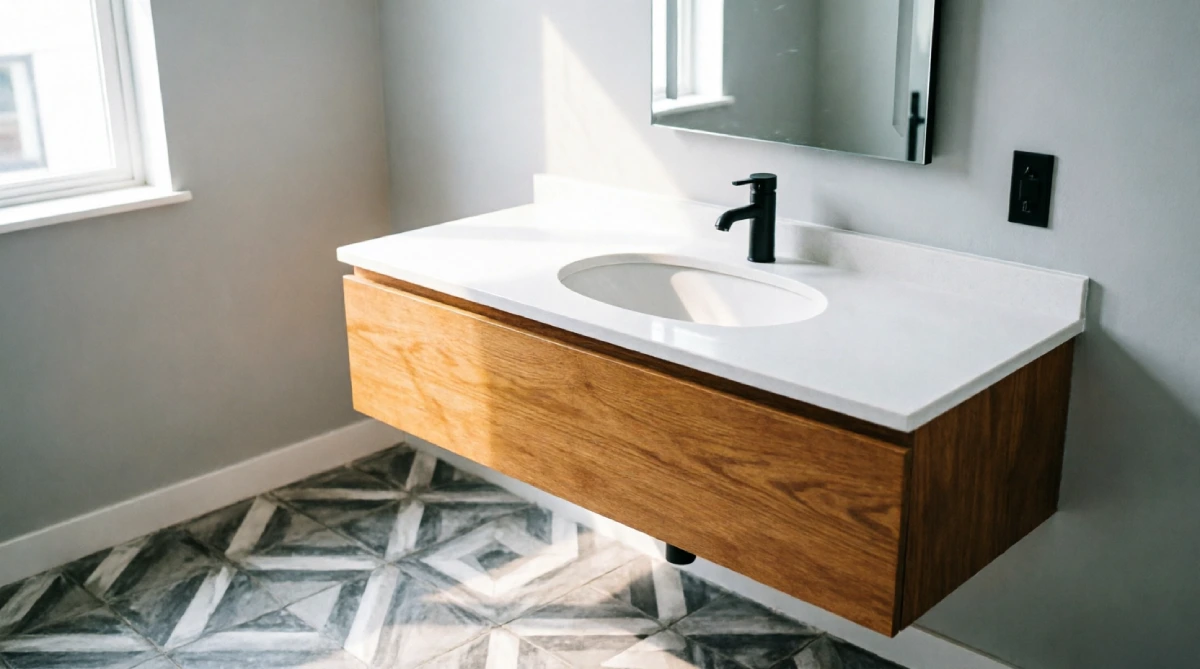 Floating wood vanity with open space beneath in a modern summer bathroom