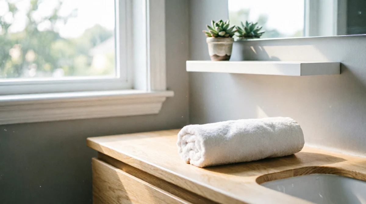 Light wood floating vanity in a small bathroom, creating open floor space for a breezy summer look.