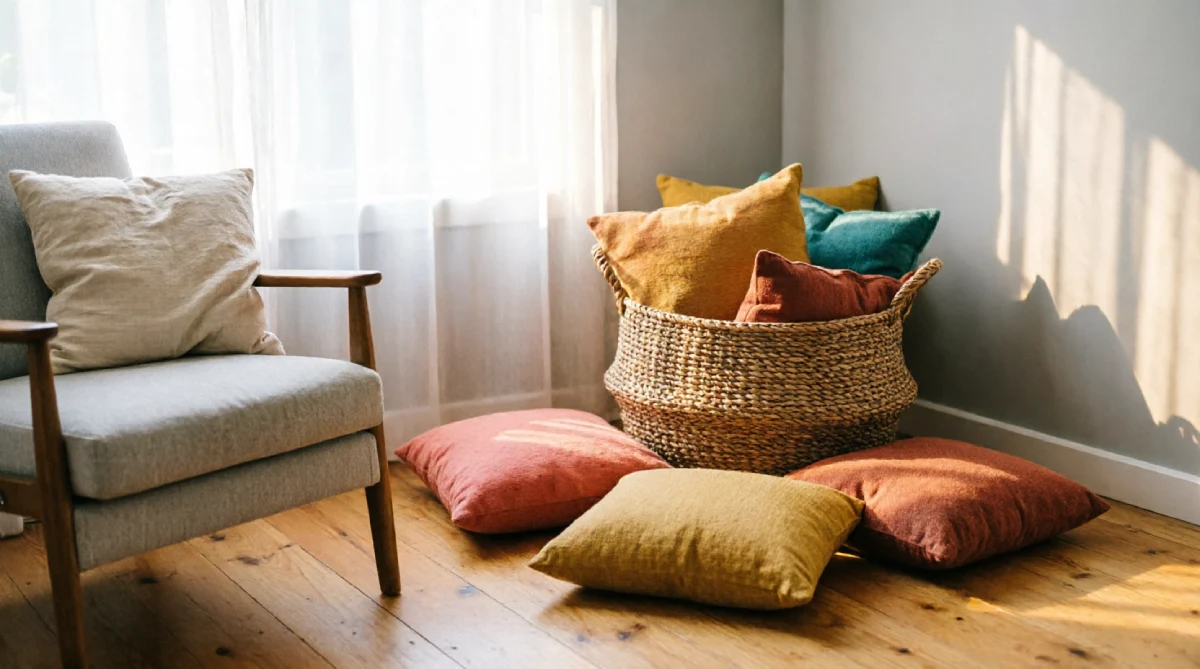 Floor cushions stacked in a basket and scattered for flexible summer seating layout
