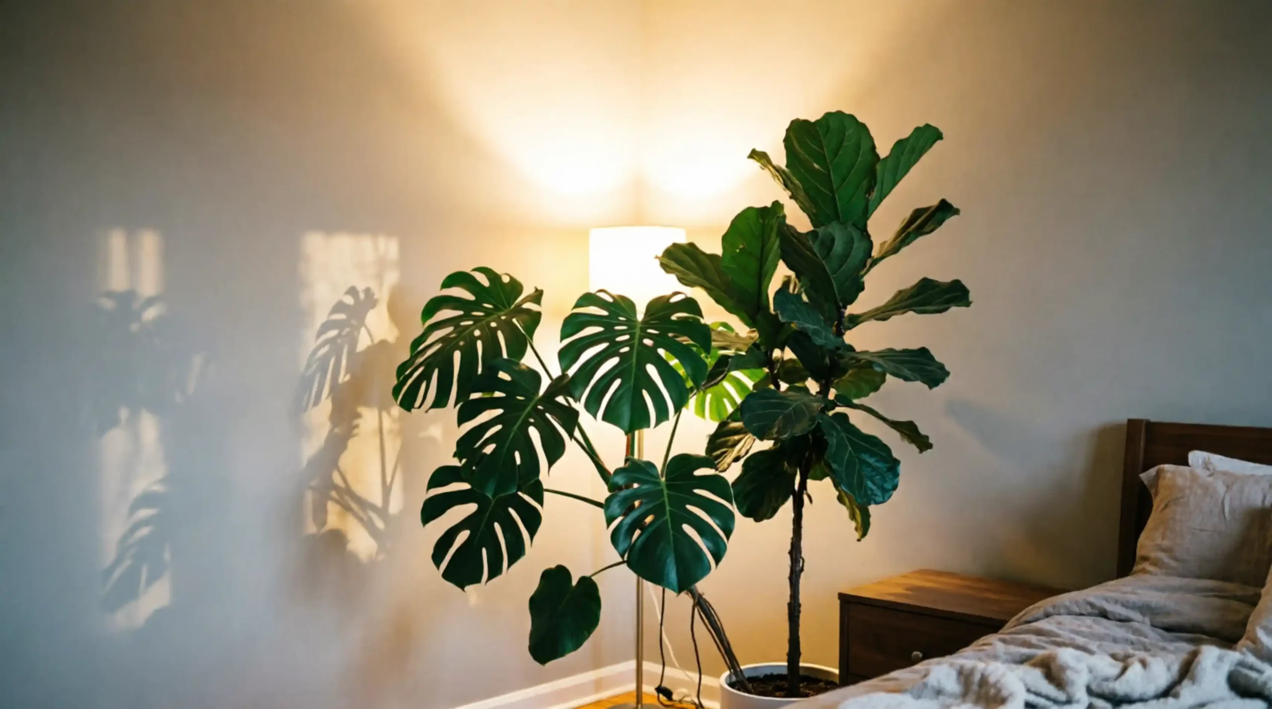 Floor uplighter behind a plant creating soft indirect summer bedroom light