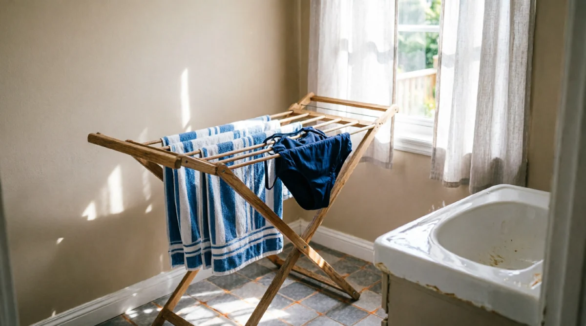 Fold-down wooden drying rack in a compact summer bathroom, saving floor space while drying beach gear.