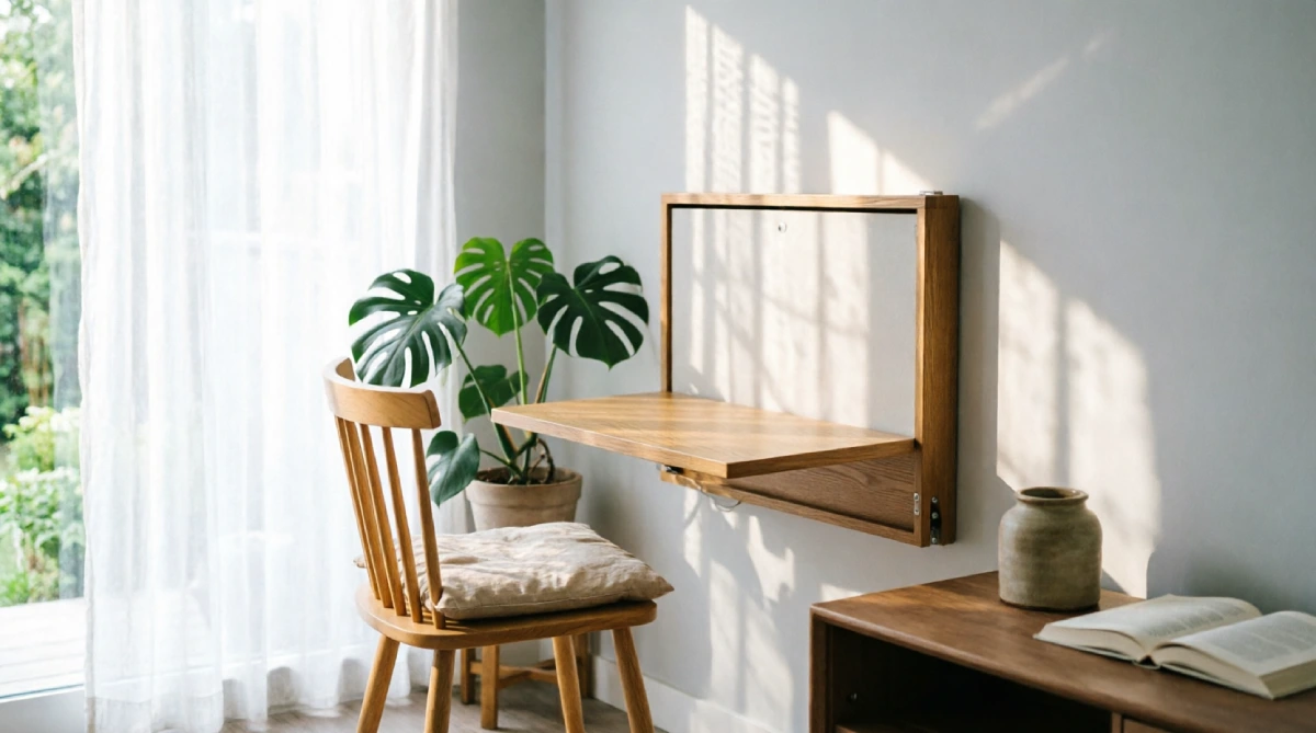  Fold-down wall desk closed flat in a small summer living room saving floor space