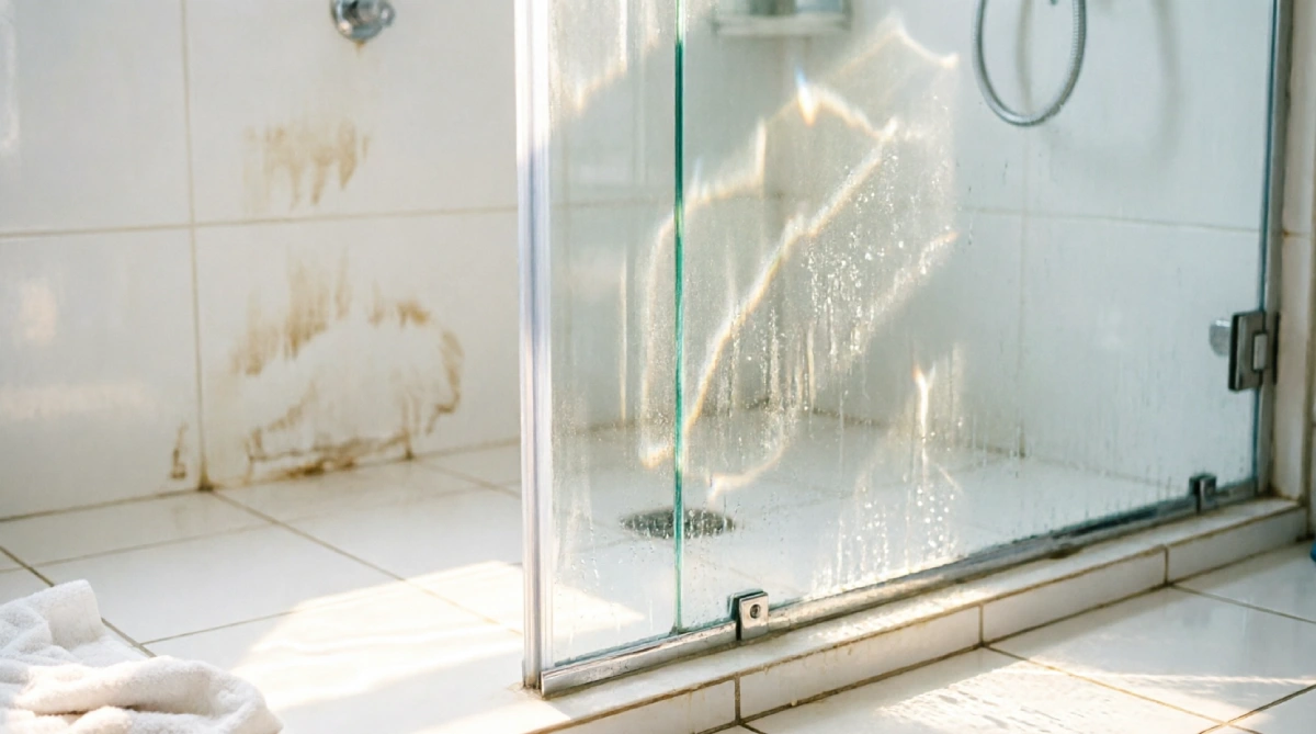 Clear frameless glass shower door allowing light and airflow in summer bathroom