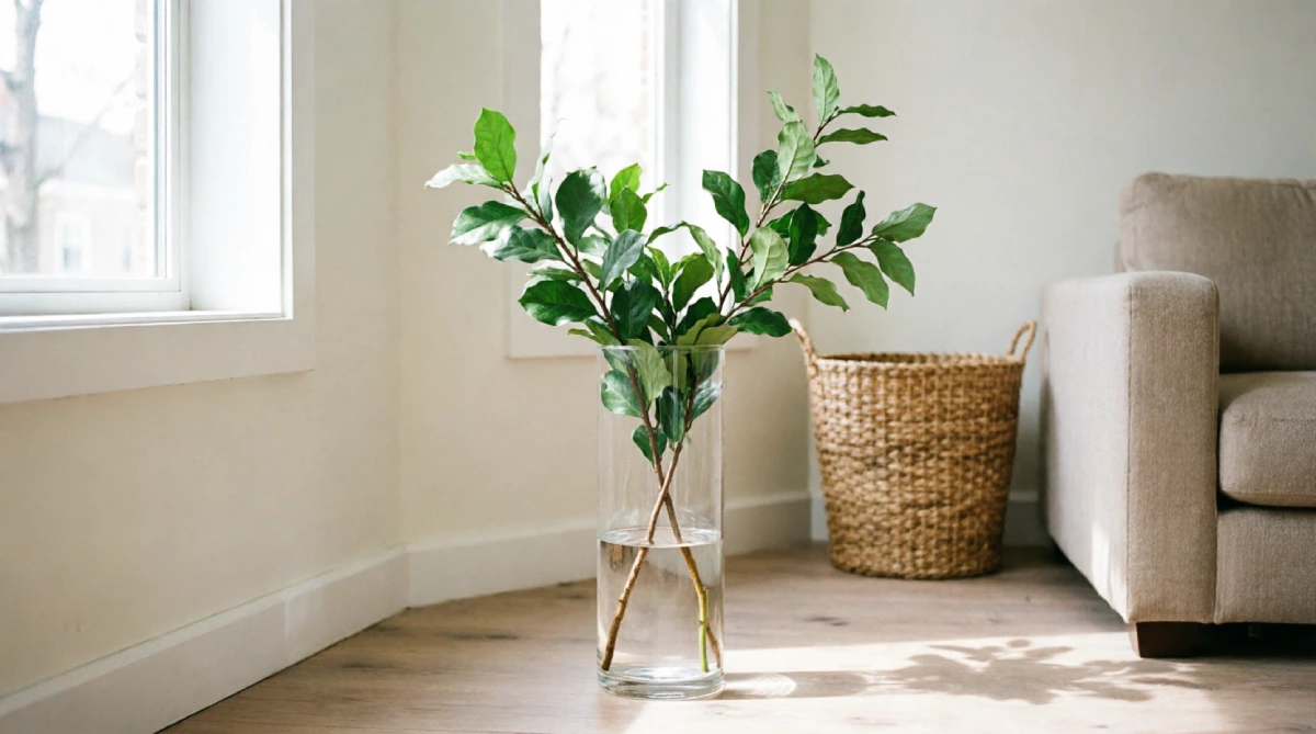 Tall glass vase with fresh green branches in a sunny living room corner