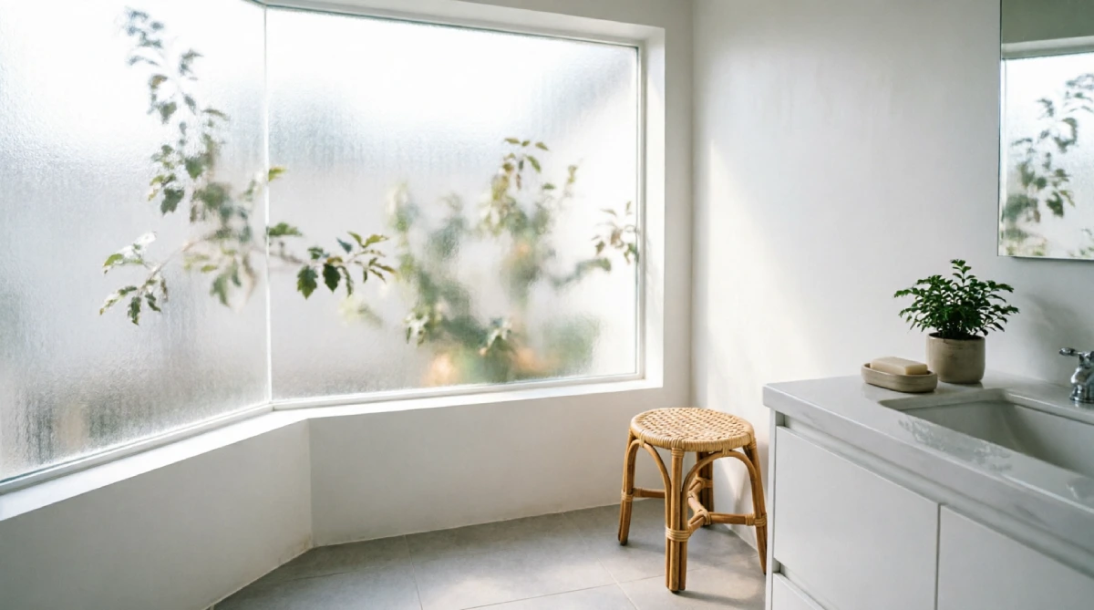 Frosted glass window providing natural light and privacy in a modern summer bathroom