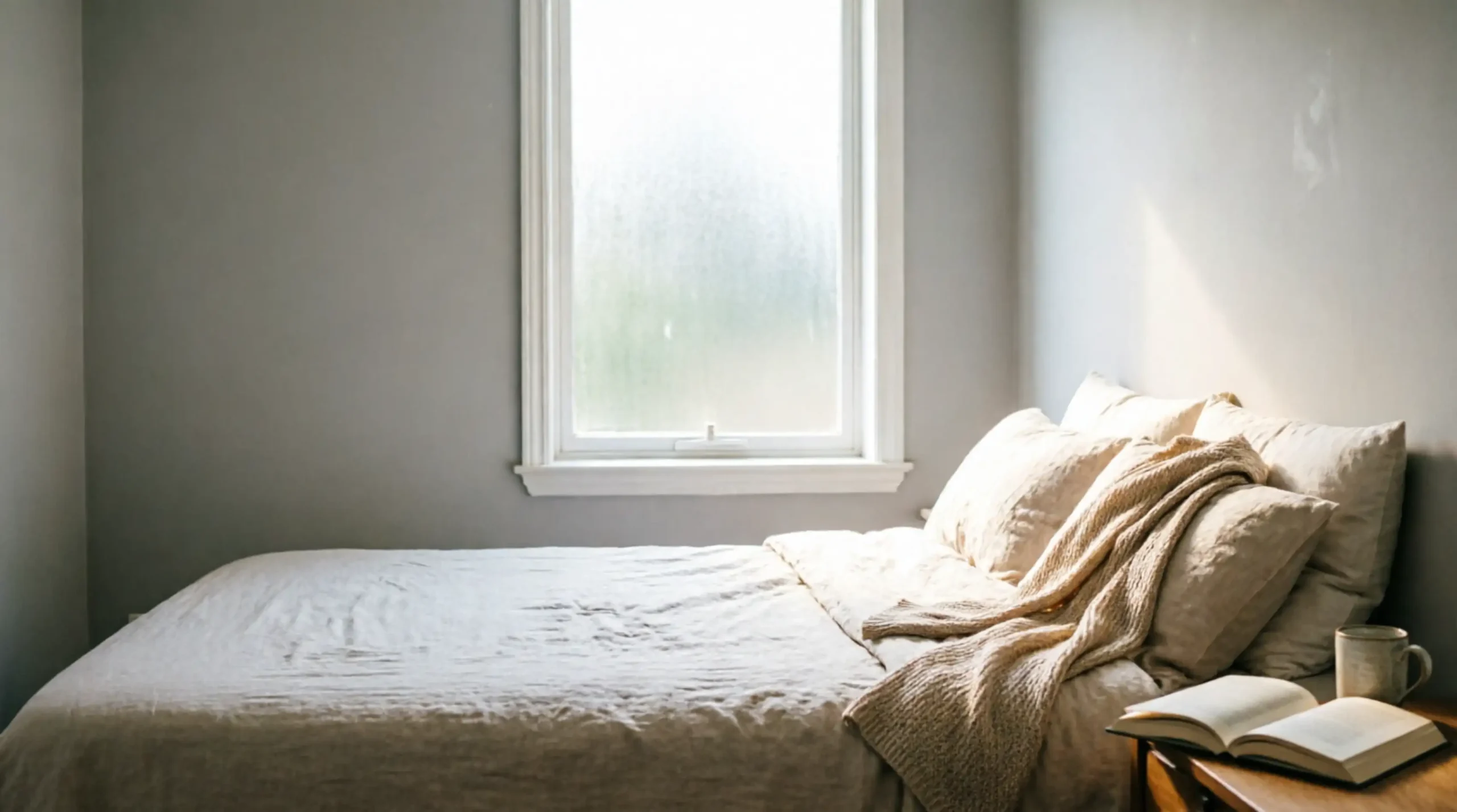 Frosted window film diffusing harsh sunlight into soft brightness for a summer bedroom