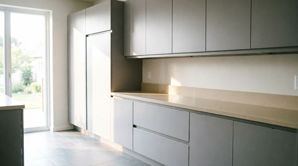 Modern kitchen with floor-to-ceiling cabinet wall in light gray finish