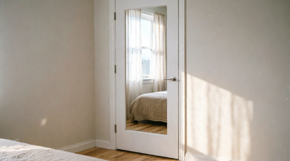 Full-length mirror hung behind a door in a small summer bedroom to save space and reflect light.