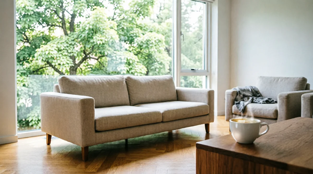 Sofa and chairs arranged to face a large window in a summer living room layout