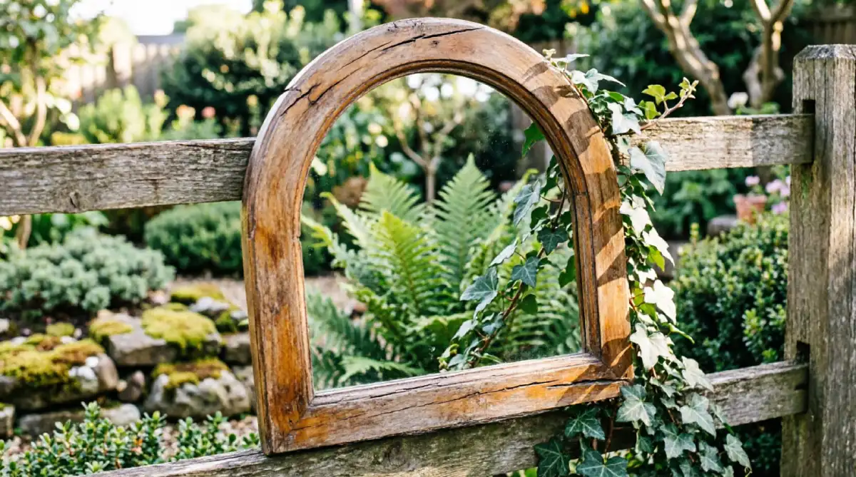 Arched garden mirror creating a depth illusion in a compact backyard space