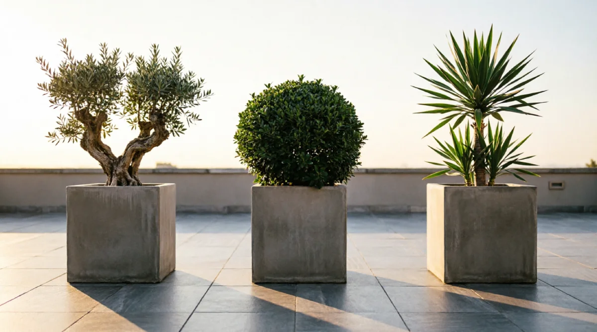 A row of modern geometric planters on a clean patio.