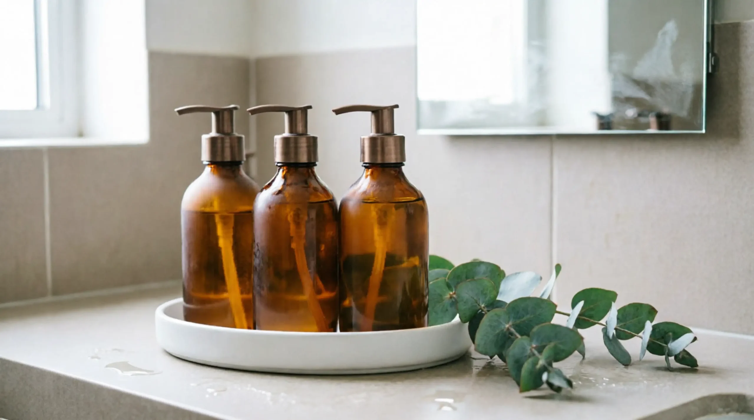 Bathroom counter with amber glass soap dispensers and eucalyptus, clutter-free summer look