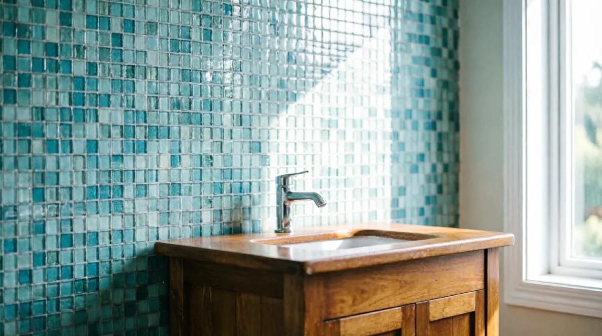 Glass mosaic bathroom tiles that stay cool to the touch in summer