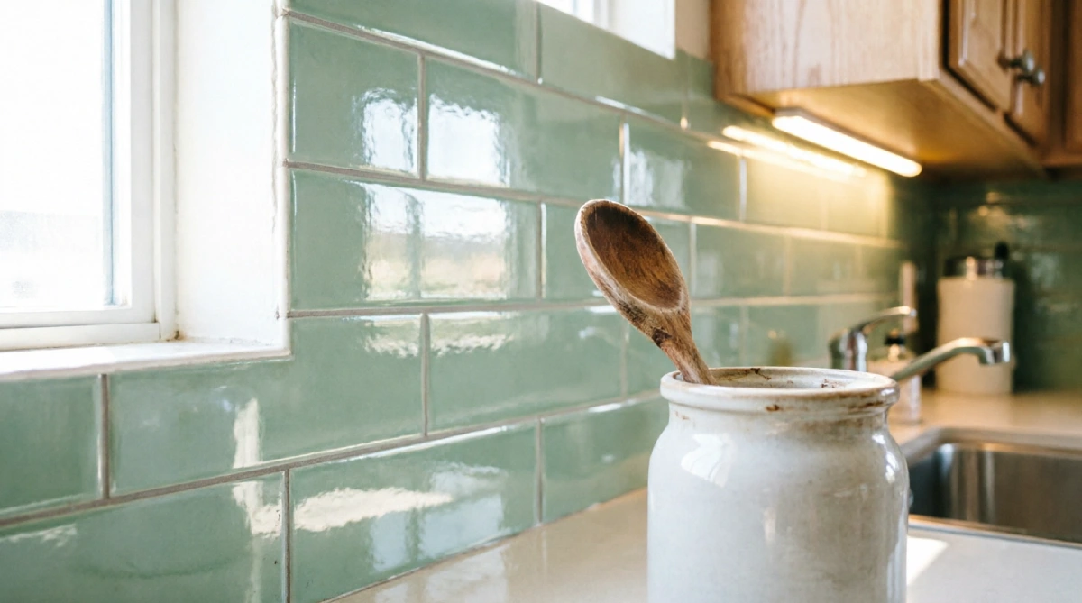 Glossy light-colored kitchen backsplash tiles reflecting natural and artificial light