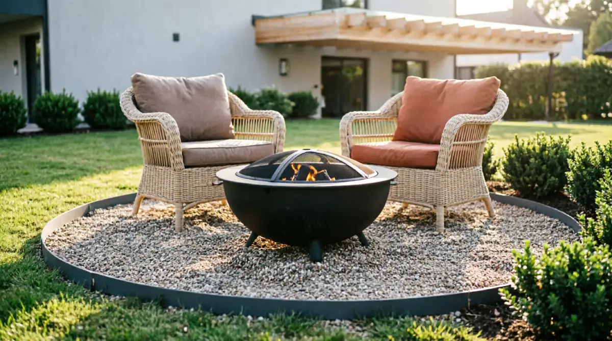 Small backyard gravel patio offering flexible layout for summer entertaining