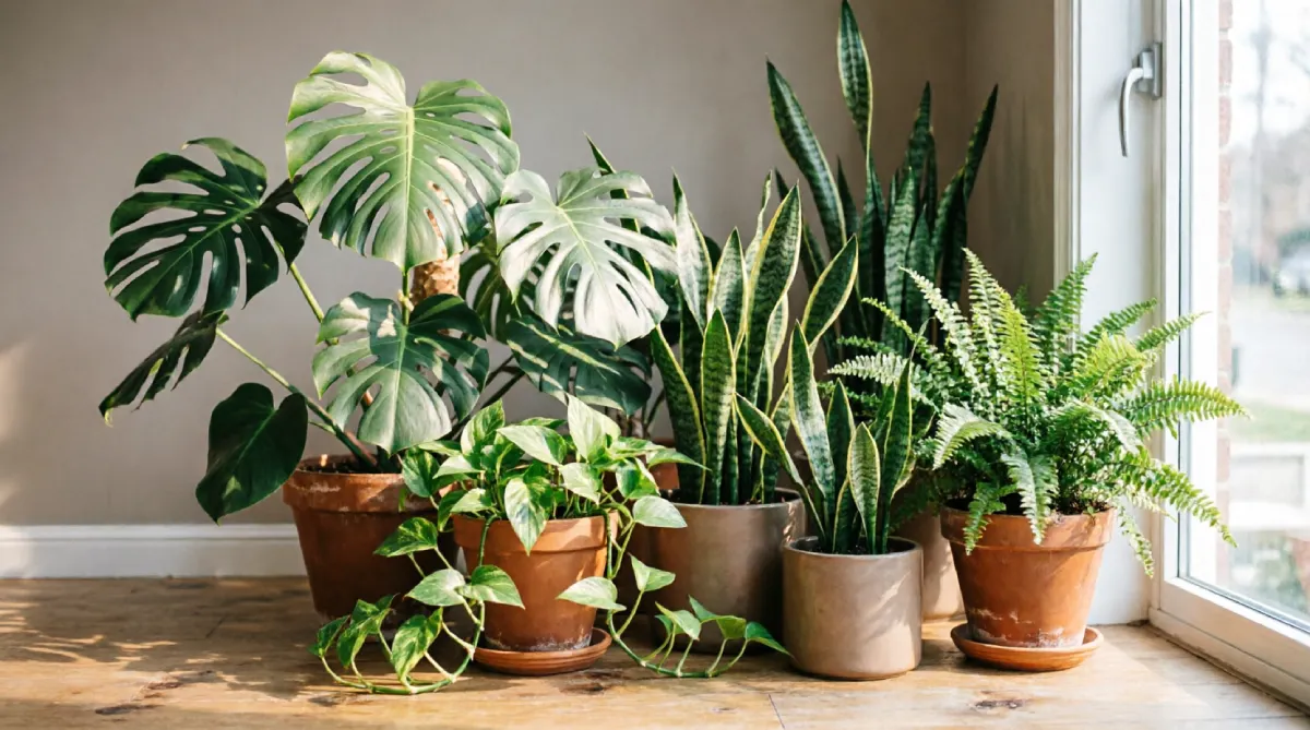 Grouped indoor plants near a sunny living room window in summer