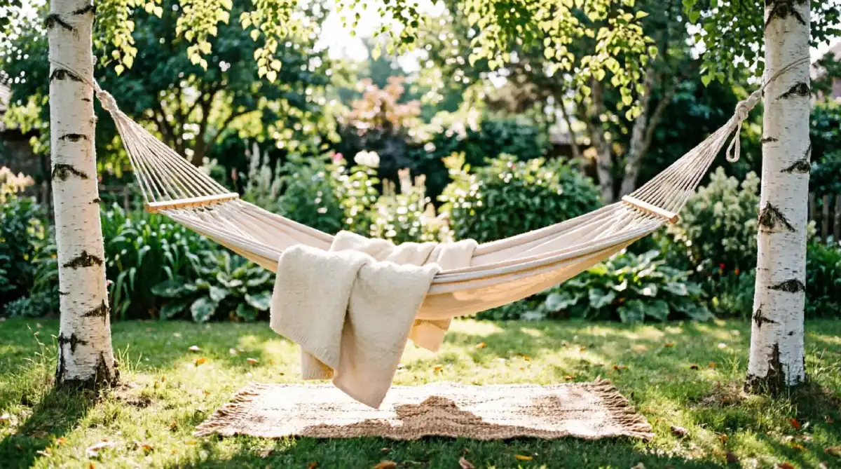 A fabric hammock with a throw blanket in a shady garden nook for cozy summer relaxation.