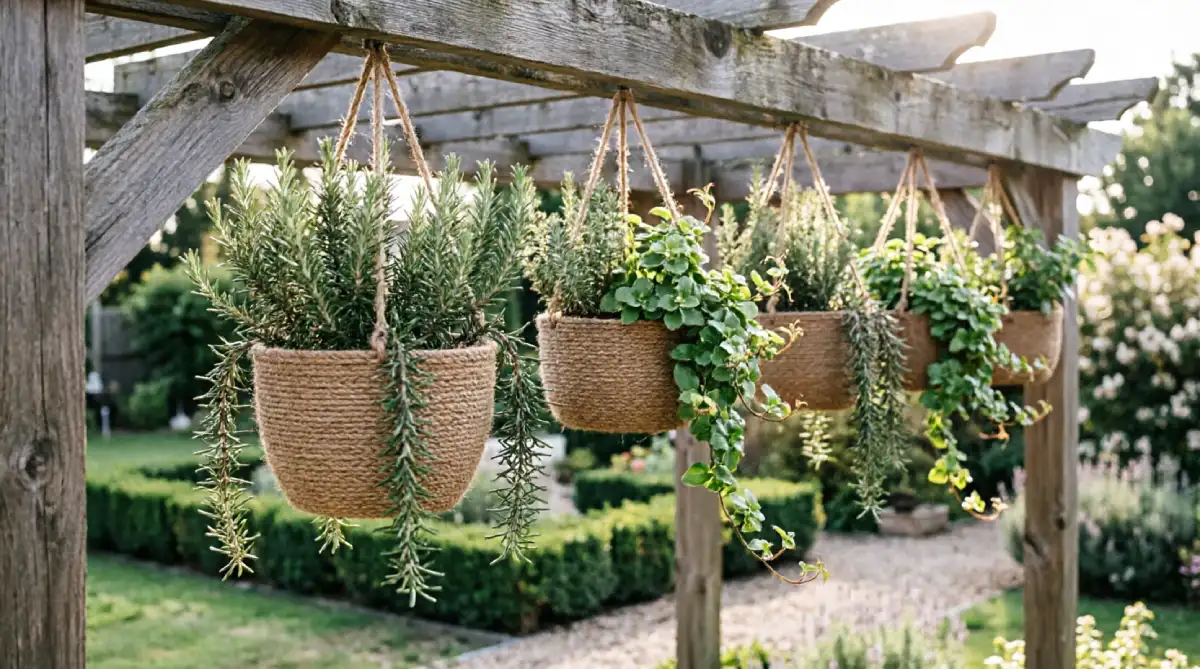 Hanging vertical cylinder herb garden maximizing air space in a small backyard