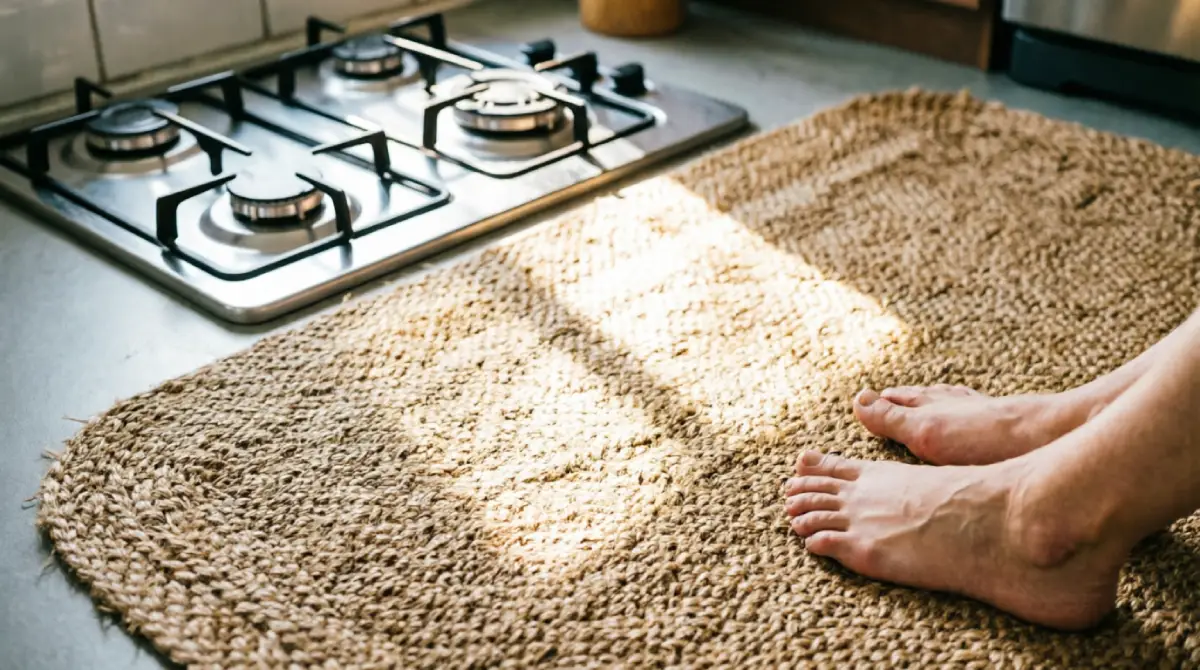 Heat-blocking woven rug keeping a budget summer kitchen floor cooler and more comfortable
