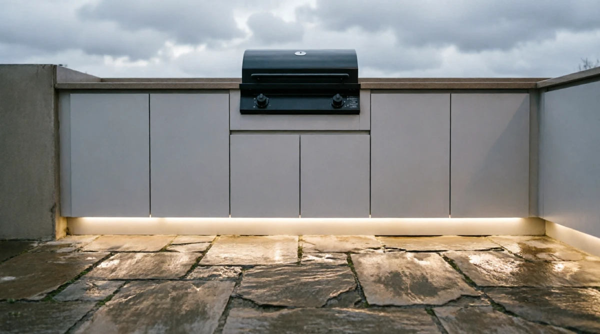 A modern outdoor kitchen with covered appliances and seamless cabinetry.