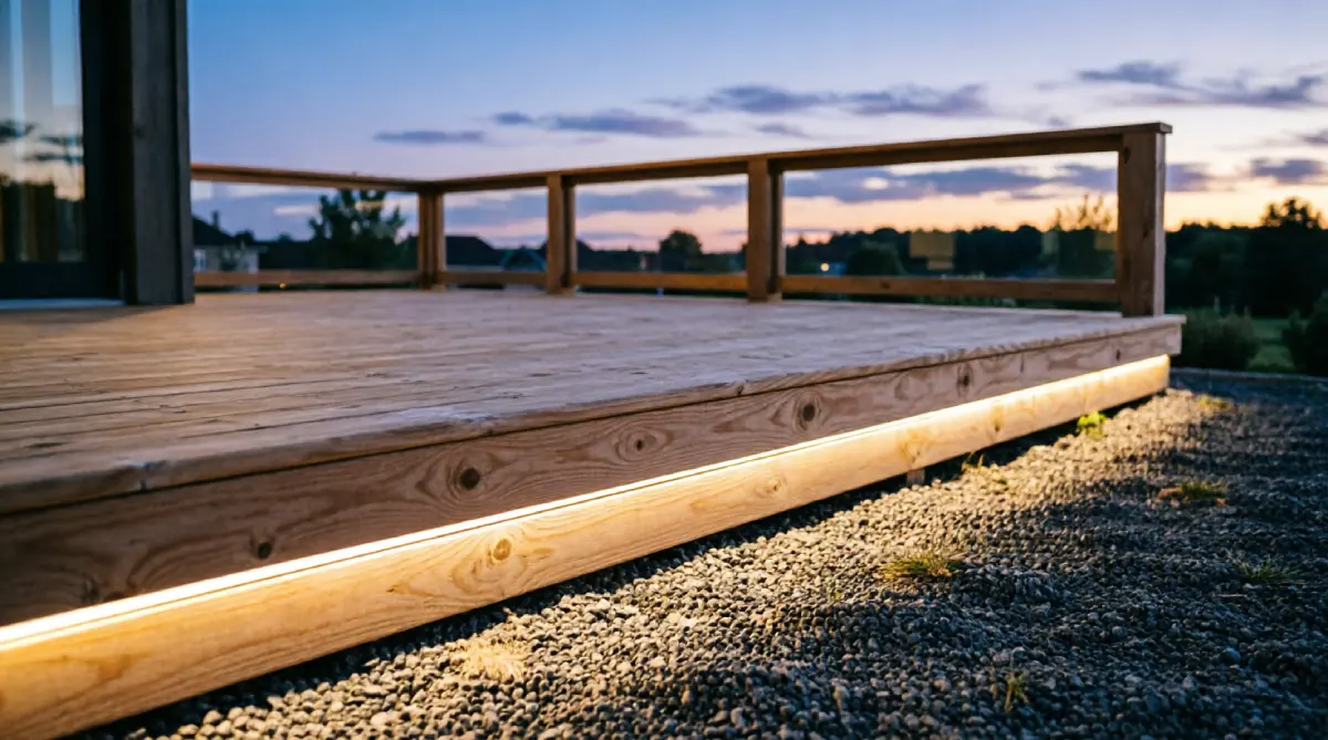 Discreet LED strip lighting under bench for a clean outdoor look
