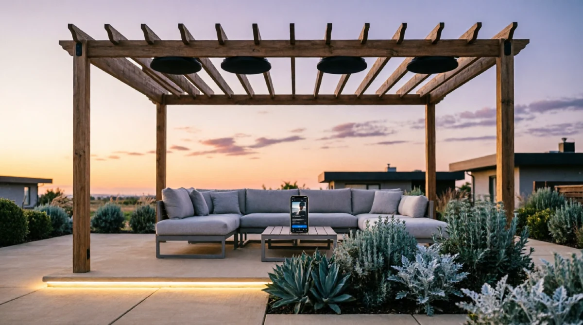 A modern outdoor lounge with discreet integrated speakers.