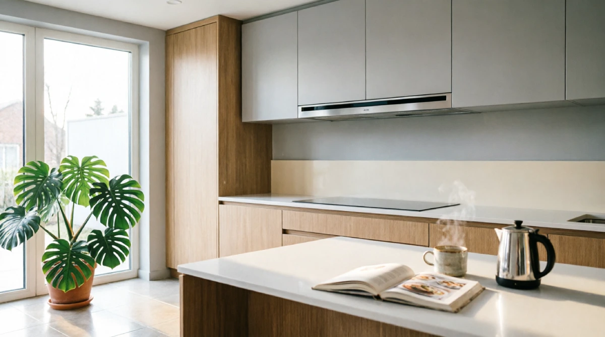 Modern kitchen with concealed range hood hidden inside upper cabinet above induction cooktop
