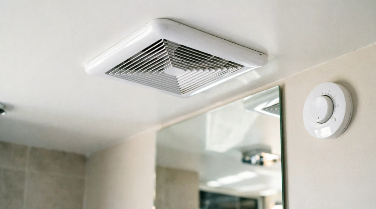 Modern high-CFM bathroom ceiling fan with timer switch on wall