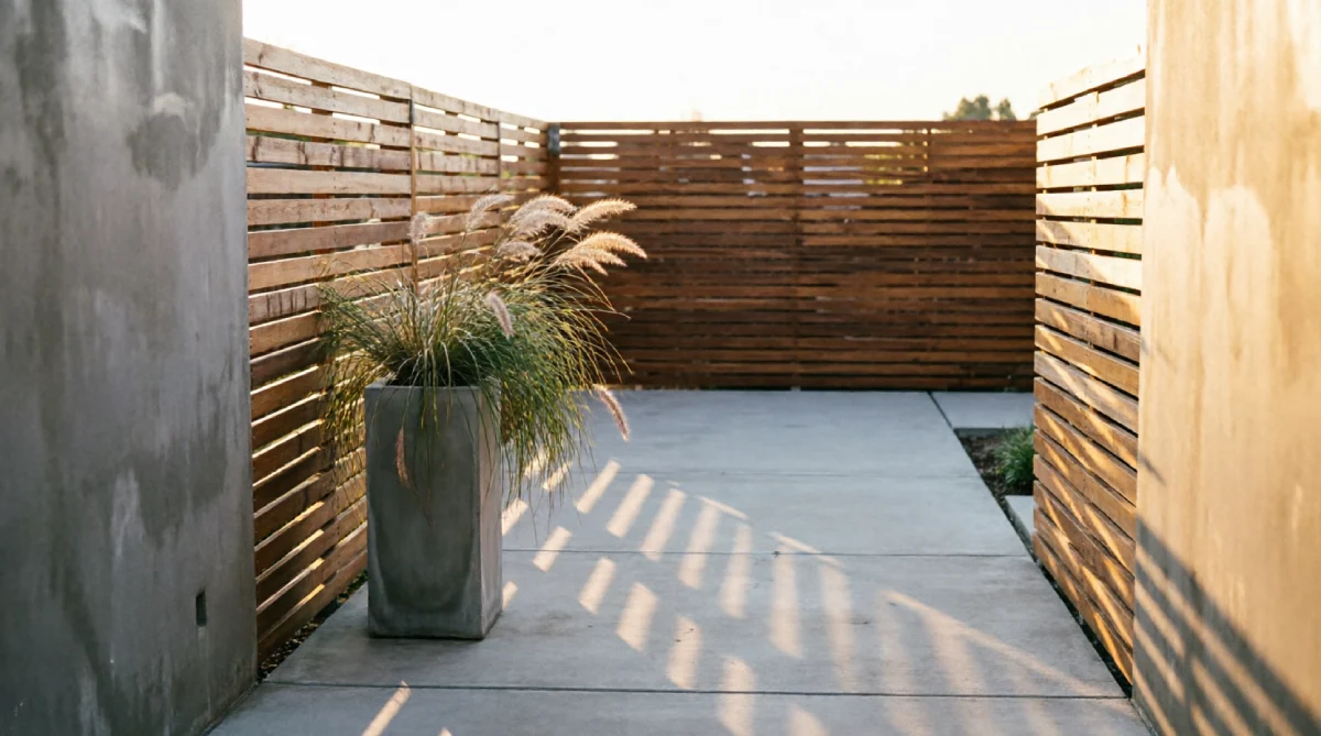 Modern horizontal slat fencing providing privacy in a small side yard.