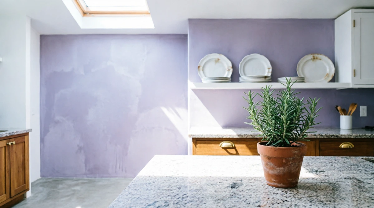 Icy lavender accent wall in a summer kitchen