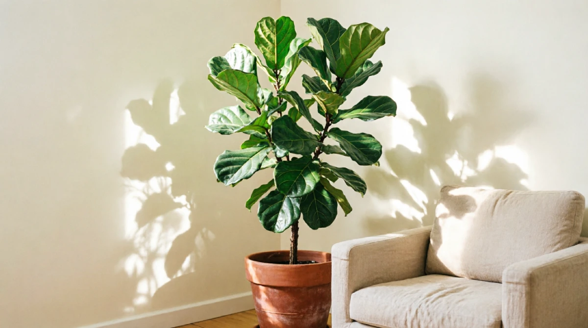 Tall fiddle leaf fig plant in a terracotta pot brightening a summer living room corner