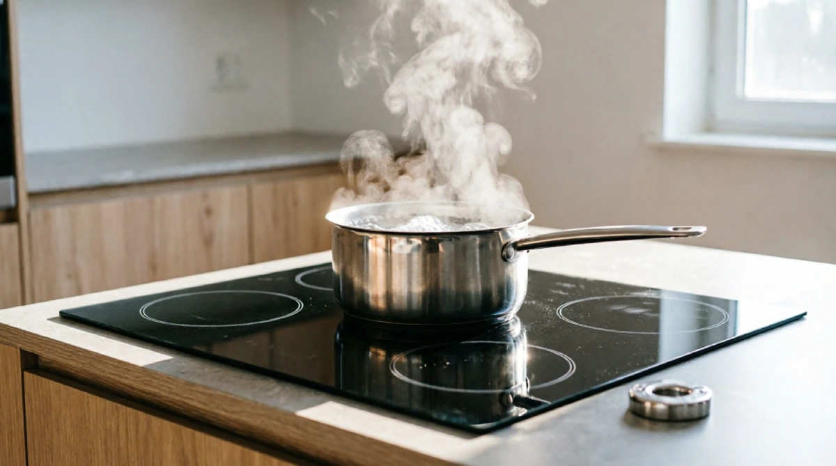 Induction cooktop heating only the pan while surrounding surface stays cool to touch