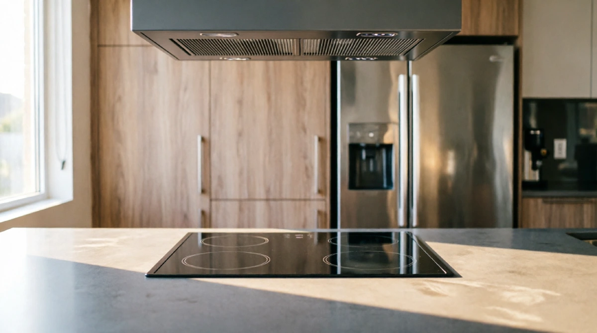 Flush-mounted induction cooktop in modern summer kitchen with quartz countertops