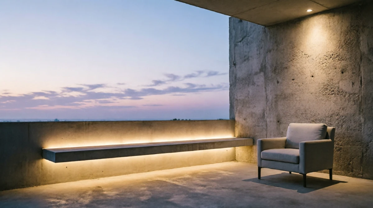 A modern outdoor space with integrated LED bench and wall lighting.