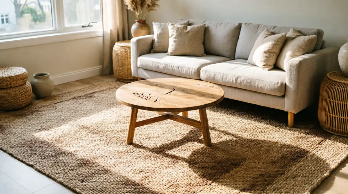 Woven jute rug anchoring a light-filled summer living room seating arrangement